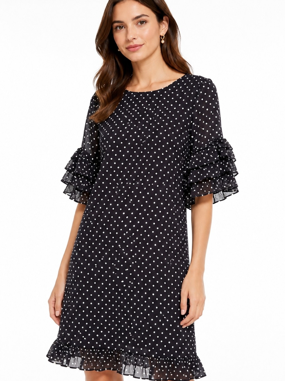 CeCe Short Ruffle Tiered Sleeve CliP Dot Flounce Hem Shift Dress Size 10 classic